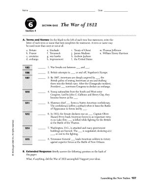 War Of 1812 Worksheet